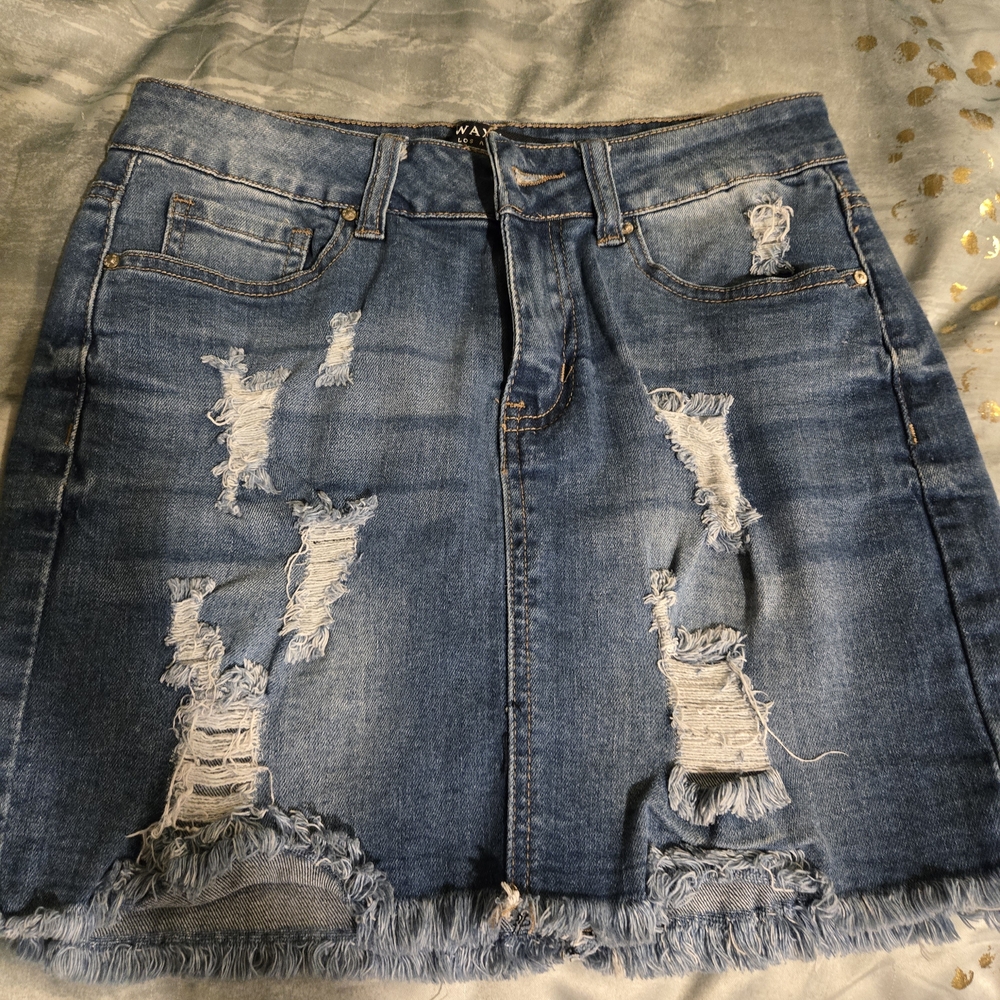 Trendy Blue Wax Jean Distressed Mini Skirt